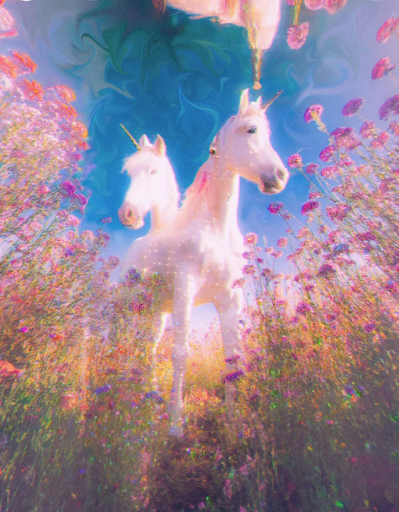 A dreamy scene featuring two unicorns standing amidst vibrant flowers and a colorful sky.