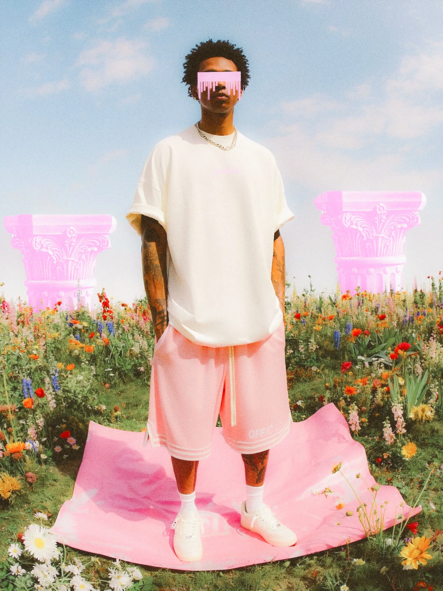 A model wearing a white oversized tee and pink basketball shorts, standing on a pink mat surrounded by a colorful flower field, with pink decorative columns in the background.