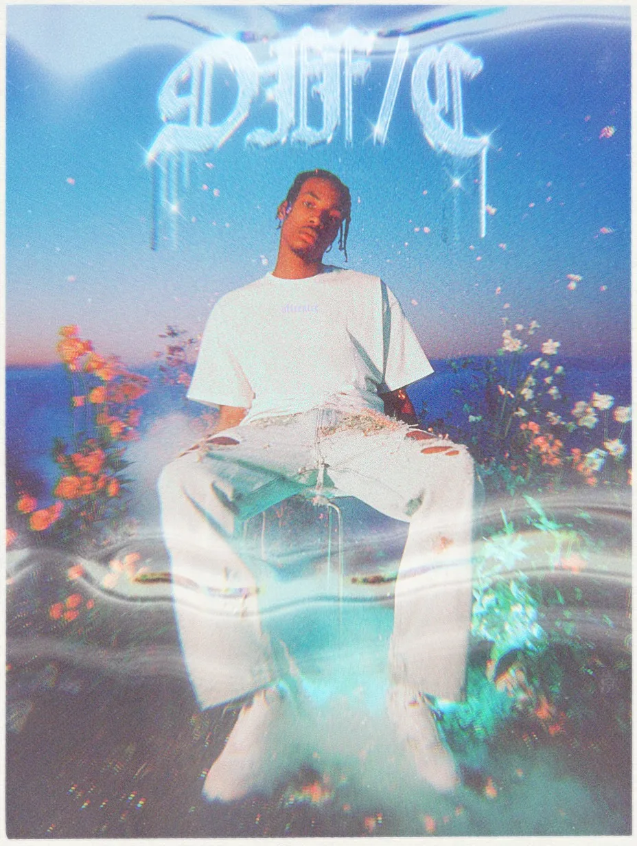 A person sitting against a floral background wearing a white t-shirt and distressed jeans, with a dreamy, colorful effect overlay.