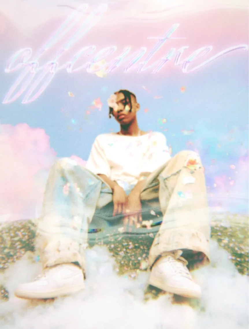 A person wearing a white tee and baggy jeans sits on the ground amidst a colorful, dreamy background with pastel hues and flower embellishments.