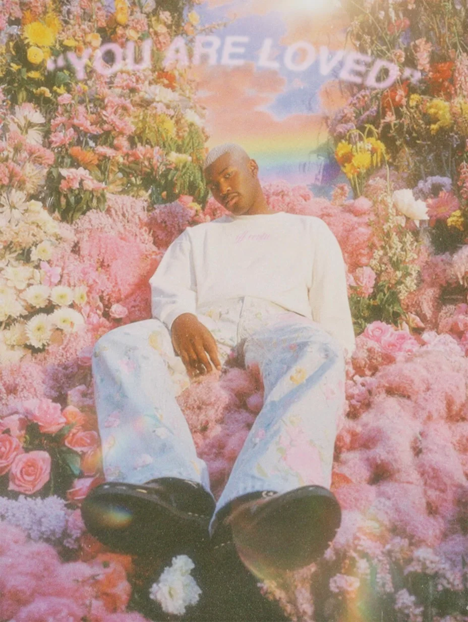 A person lounging in a bed of flowers with the text 'YOU ARE LOVED' in the background, capturing a vibrant and dreamy atmosphere.