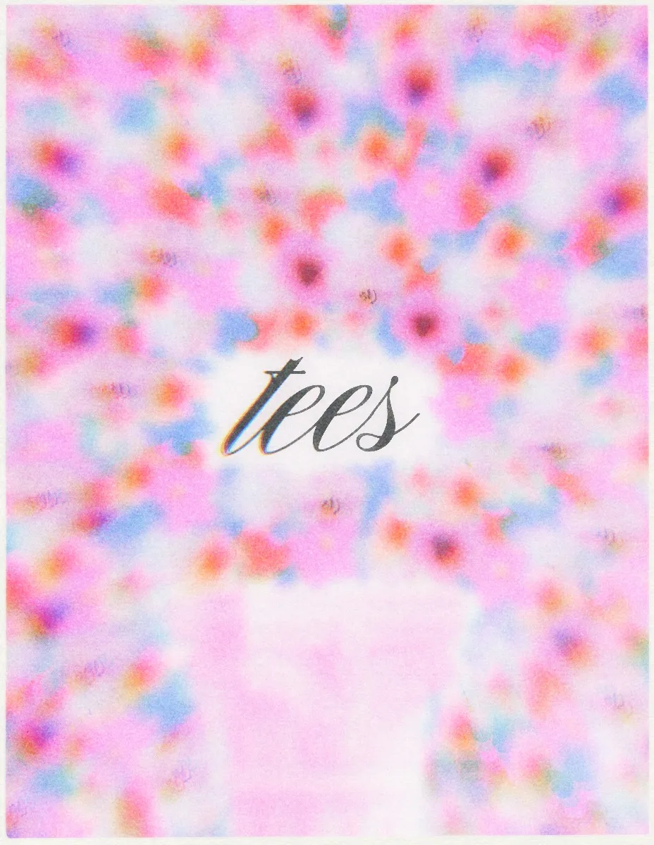 A colorful and abstract graphic featuring the word 'tees' in a stylish font.