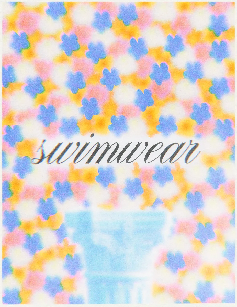 A colorful, abstract floral background featuring blue, pink, and yellow flowers with the word 'swimwear' prominently displayed in a stylish font.