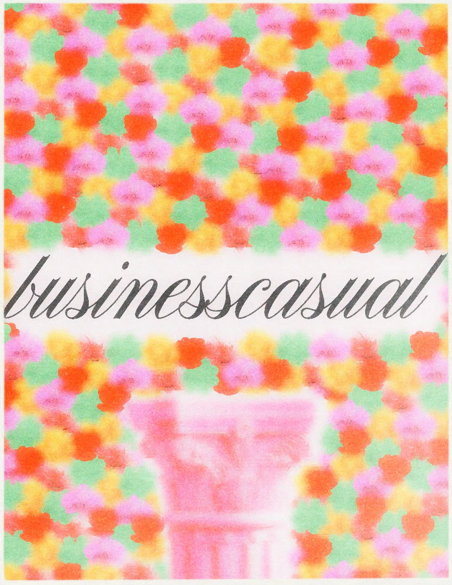 A colorful abstract background featuring vibrant floral patterns with the word 'businesscasual' in an elegant script.
