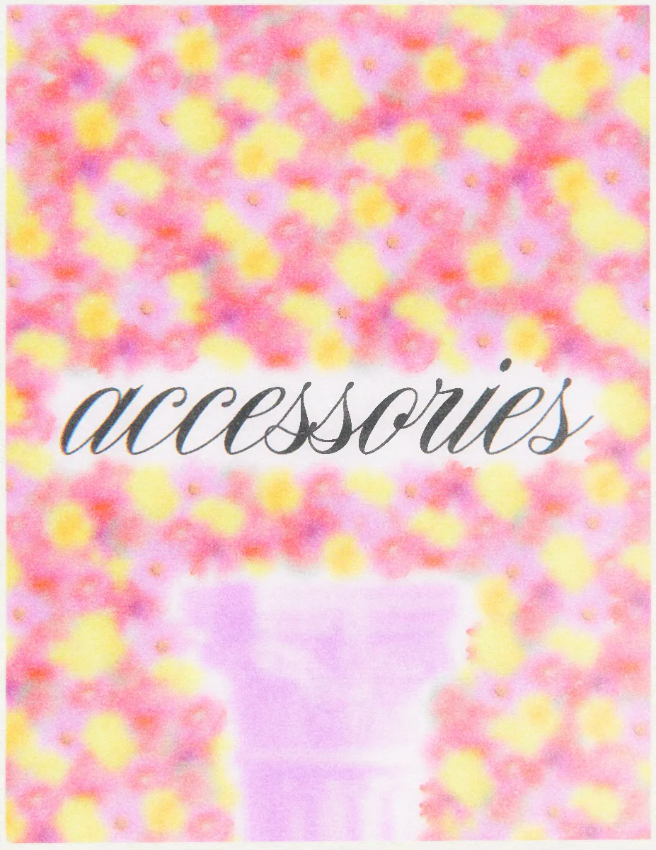 A colorful background featuring pink and yellow flowers with the word 'accessories' prominently displayed in elegant script.