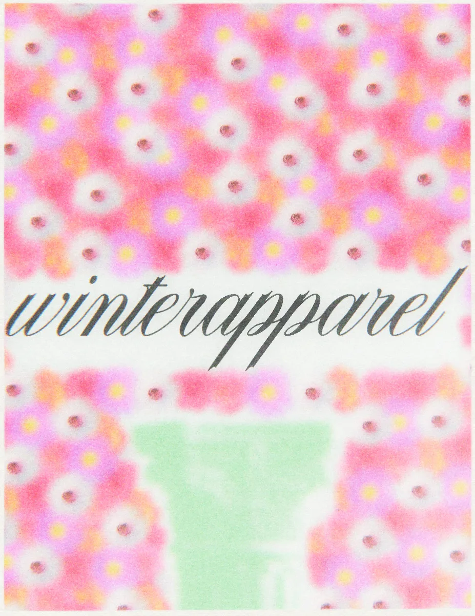 A floral background in pink and yellow hues with the text 'winterapparel' in an elegant cursive font.