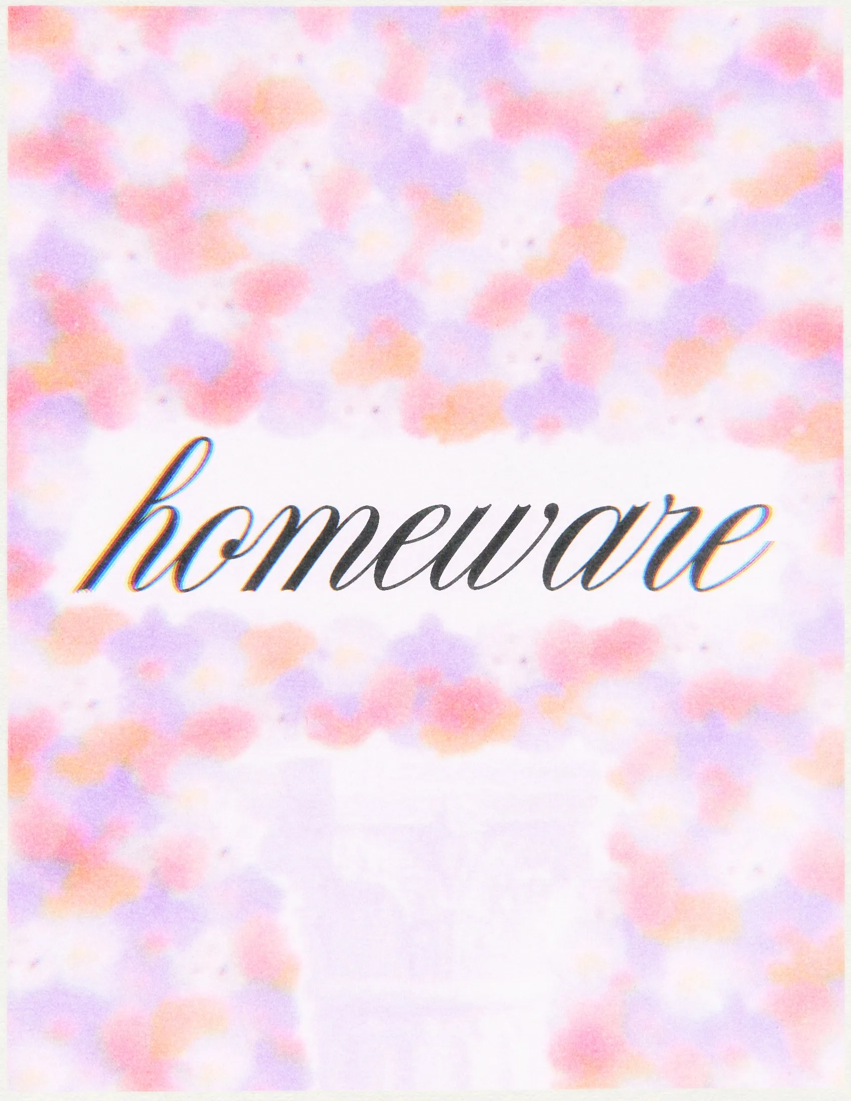 The word 'homeware' is written in a stylish font on a soft, abstract background featuring pastel colors of pink, purple, and orange.