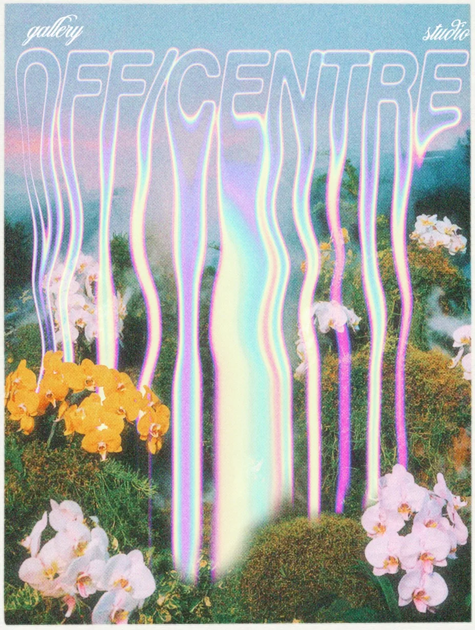 Graphic design featuring the text 'OFF/CENTRE' with a vibrant floral background and rainbow effect.