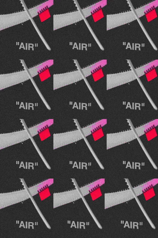"AIR" themed repeated graphic pattern featuring saw blades and bright accents.